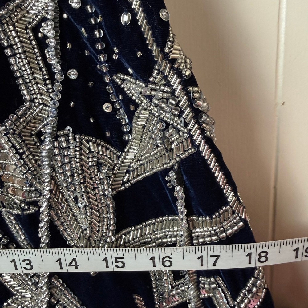 ASOS Navy Blue Velvet Sequin Geometric Print Spaghetti Strap Jumpsuit - Picture 15 of 16